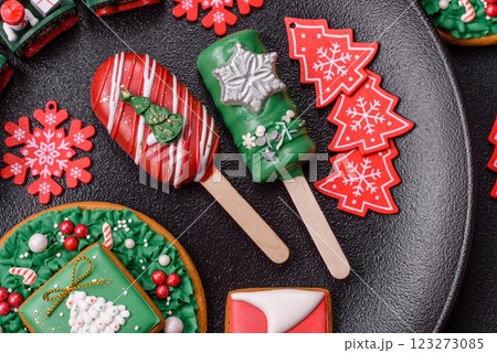 Natural popsicle ice cream on a stick in the style and colors of Christmas 123273085