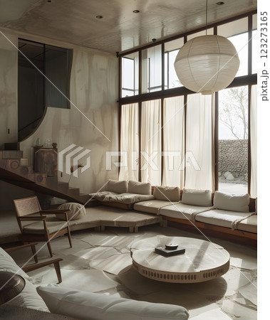 The living room is spacious and stylish, with large windows, comfortable seating, and a contemporary design highlighted by natural light and neutral tones, creating an inviting space The living room is spacious and stylish, with large windows, comfortable seating, and a contemporary design highlighted by natural light and neutral tones, creating an inviting space 123273165