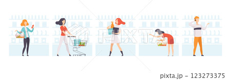 Man and Woman at Supermarket and Grocery Store Shopping Vector Set Man and Woman at Supermarket and Grocery Store Shopping Vector Set 123273375