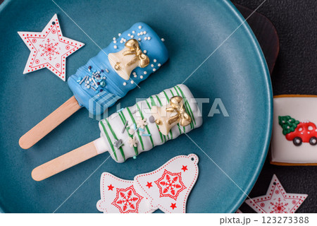 Natural popsicle ice cream on a stick in the style of Christmas 123273388