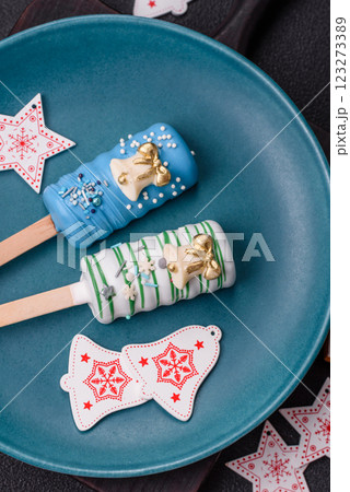 Natural popsicle ice cream on a stick in the style of Christmas 123273389