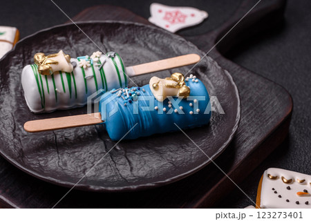 Natural popsicle ice cream on a stick in the style of Christmas 123273401