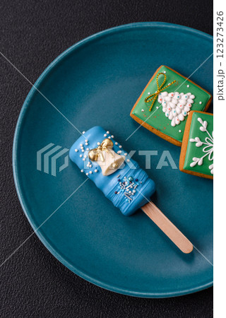 Natural popsicle ice cream on a stick in the style of Christmas 123273426