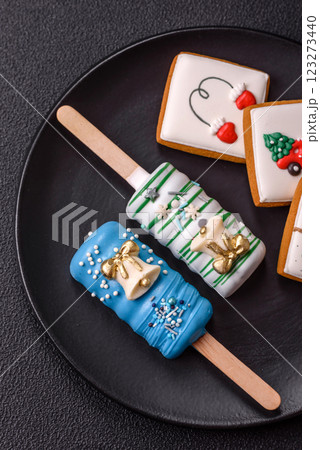 Natural popsicle ice cream on a stick in the style of Christmas Natural popsicle ice cream on a stick in the style of Christmas 123273440