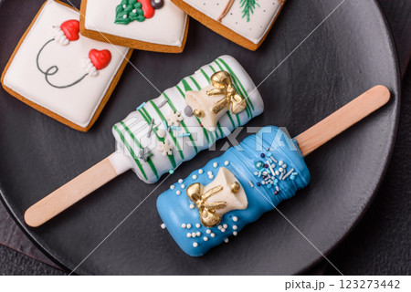 Natural popsicle ice cream on a stick in the style of Christmas 123273442
