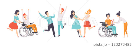 Disabled People Character with Their Friends Vector Set 123273483