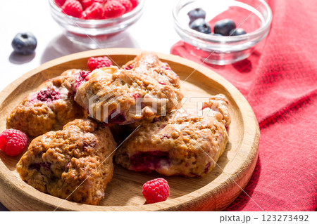 Pear and raspberry scones. Fresh pastries. 123273492