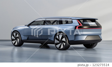 This image features a stylish metallic blue electric SUV with clean lines and innovative design, captured from a dynamic side angle, showcasing its sleek and modern appearance 123273514