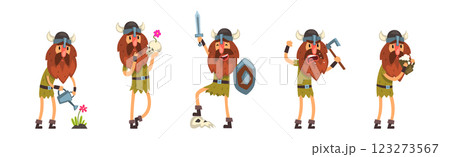 Funny Viking Bearded Man in Helmet with Horn Vector Set 123273567