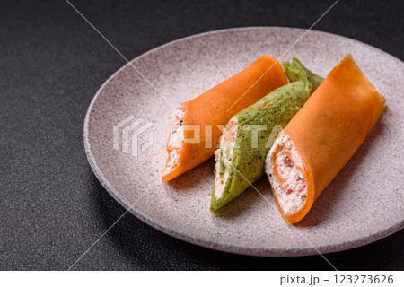 Crepes rolled with cream cheese sweet or sour Crepes rolled with cream cheese sweet or sour 123273626