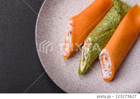 Crepes rolled with cream cheese sweet or sour Crepes rolled with cream cheese sweet or sour 123273627