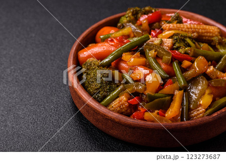 Mix of vegetables corn, carrots, peppers, broccoli, onions in teriyaki sauce Mix of vegetables corn, carrots, peppers, broccoli, onions in teriyaki sauce 123273687