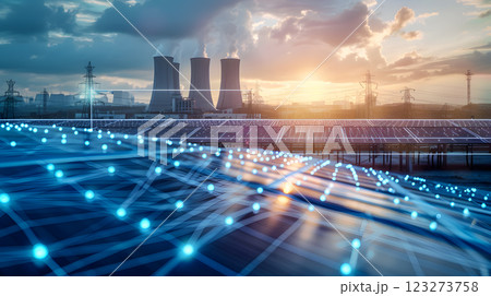 A futuristic energy grid features solar panels and a power plant against a sunset, symbolizing innovation in sustainable energy infrastructure and the advancement of renewable technologies 123273758