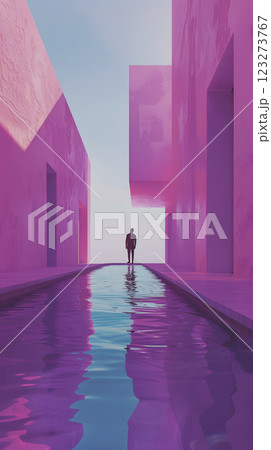 The striking purple architecture embodies modern creativity, blending art and aesthetic seamlessly in a tranquil setting with a serene pool, reflecting contemporary innovation 123273767