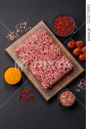 Fresh raw ground minced beef with salt and spices Fresh raw ground minced beef with salt and spices 123273951