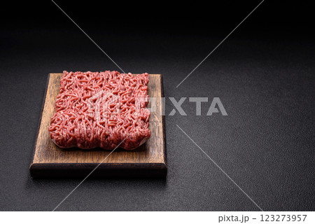 Fresh raw ground minced beef with salt and spices Fresh raw ground minced beef with salt and spices 123273957