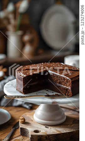 A decadent chocolate cake with a missing slice sits on a cake stand, tempting you with its rich flavor. Perfect for any occasion, this baked good is a favorite snack cake among dessert lovers 123274006
