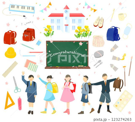 学校で使う道具のセットアイコンと小学生の子どもたちの入学式オシャレな手描きイラストベクター素材 学校で使う道具のセットアイコンと小学生の子どもたちの入学式オシャレな手描きイラストベクター素材 123274263