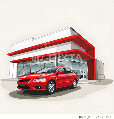 A modern car dealership is depicted with a red sedan on display. Ideal for automotive and business content. Keywords automobiles, automotive, business, cars, dealership, illustration A modern car dealership is depicted with a red sedan on display. Ideal for automotive and business content. Keywords automobiles, automotive, business, cars, dealership, illustration 123274501