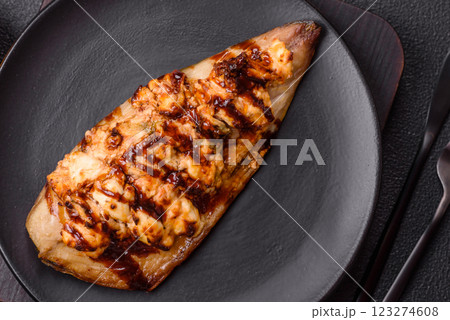 Grilled mackerel fillets with cheese, salt, spices and herbs 123274608