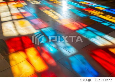 Sunlight shining through stained glass window onto church floor 123274677