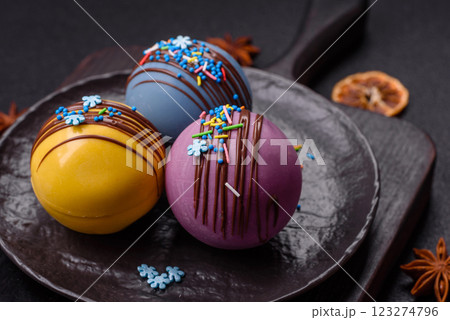 Sweet cocoa bombs with marshmallows and chocolate 123274796