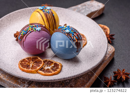 Sweet cocoa bombs with marshmallows and chocolate 123274822