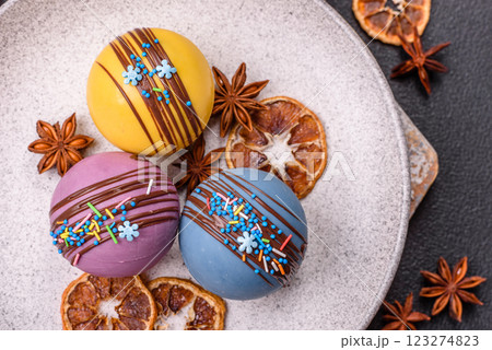 Sweet cocoa bombs with marshmallows and chocolate 123274823