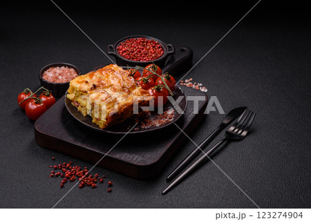 Lasagna or pasta layered with meat, cheese, salt, spices and herbs Lasagna or pasta layered with meat, cheese, salt, spices and herbs 123274904