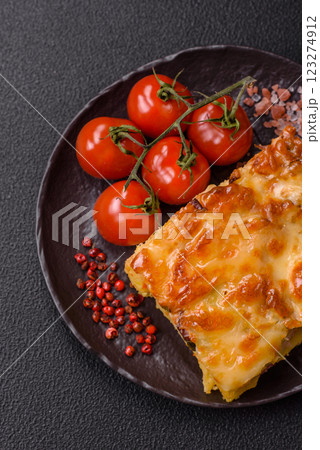 Lasagna or pasta layered with meat, cheese, salt, spices and herbs Lasagna or pasta layered with meat, cheese, salt, spices and herbs 123274912