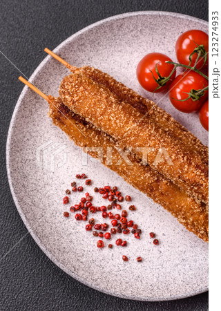 Lula kebab meat fried on a fire in breading with salt, spices and herbs Lula kebab meat fried on a fire in breading with salt, spices and herbs 123274933