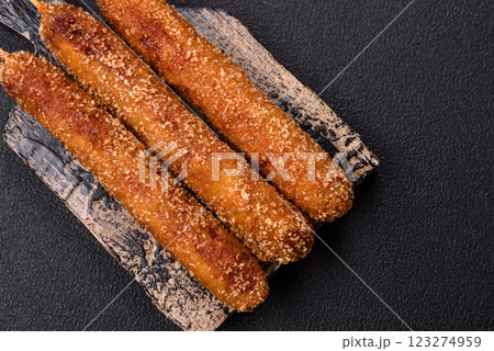 Lula kebab meat fried on a fire in breading with salt, spices and herbs 123274959