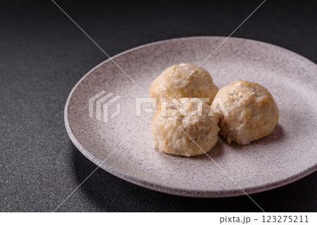 Delicious healthy steamed chicken cutlets or minced meatballs 123275211