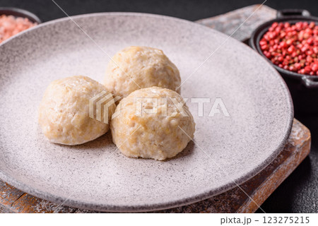 Delicious healthy steamed chicken cutlets or minced meatballs 123275215