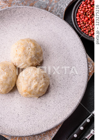 Delicious healthy steamed chicken cutlets or minced meatballs 123275216