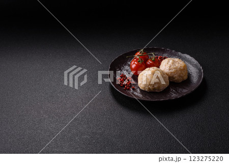 Delicious healthy steamed chicken cutlets or minced meatballs 123275220