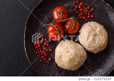Delicious healthy steamed chicken cutlets or minced meatballs 123275224