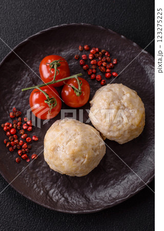 Delicious healthy steamed chicken cutlets or minced meatballs 123275225