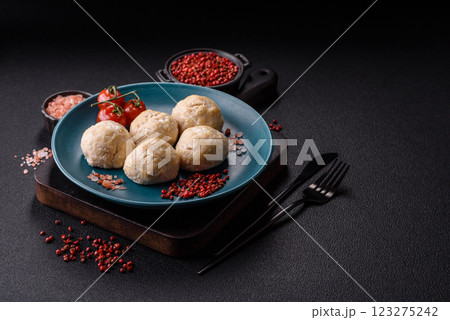 Delicious healthy steamed chicken cutlets or minced meatballs 123275242