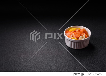 Delicious fresh vegetables steamed carrots, broccoli, cauliflower 123275280