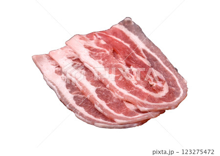 Fresh raw bacon sliced with spices and herbs 123275472