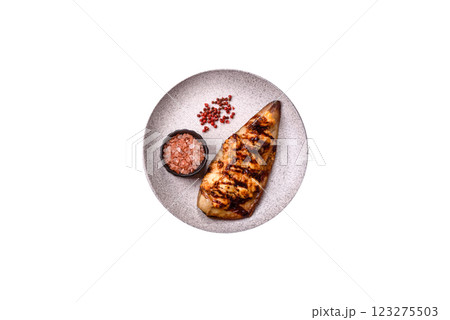 Grilled mackerel fillets with cheese, salt, spices and herbs 123275503