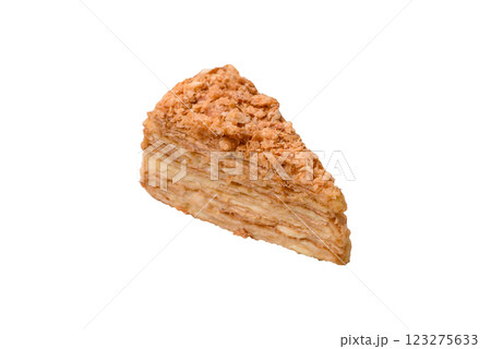Piece of sweet layer cake Napoleon with custard Piece of sweet layer cake Napoleon with custard 123275633