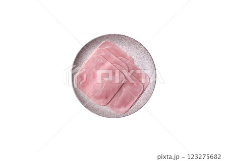 Boiled ham cut into square slices with sorrel and spices Boiled ham cut into square slices with sorrel and spices 123275682