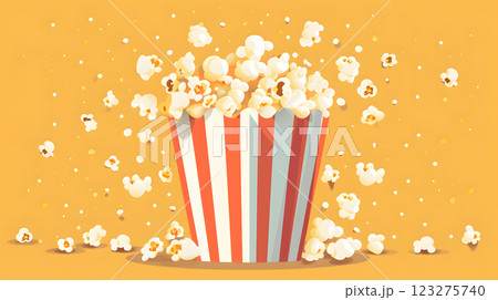 Picture a lively setting featuring a red and white popcorn container standing out on an orange backdrop, creating a cinematic ambiance filled with delight and excitement 123275740