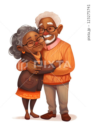 An illustration shows an elderly couple embracing warmly, conveying love, companionship, and happiness in their later years. It depicts affection, caring, family, and togetherness 123275741