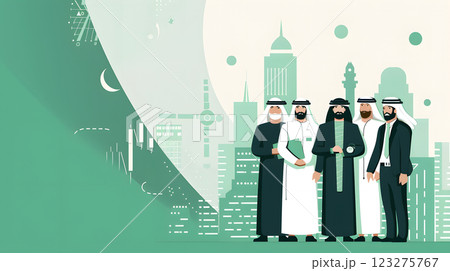 A group of Arab businessmen in traditional clothing standing and having a discussion with a modern city skyline in the background, representing the fusion of business and culture 123275767