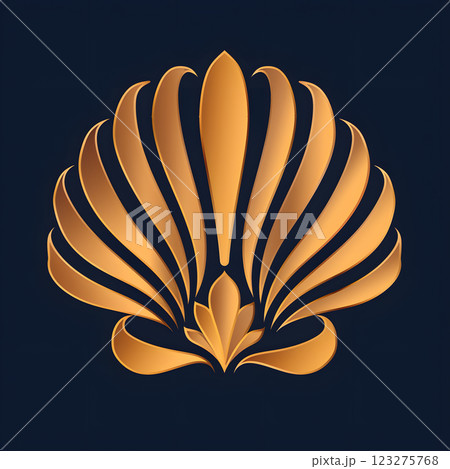 An artistic representation of a gold flower on a dark blue background, showcasing symmetry and intricate patterns. The electric blue hues add contrast to the midnight darkness 123275768