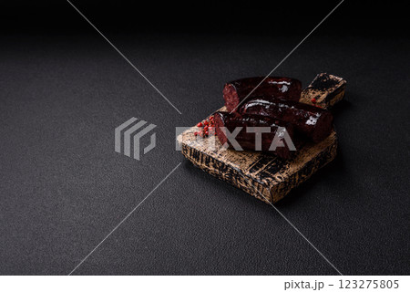 Delicious black blood sausage or black pudding with spices and herbs 123275805