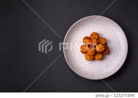 Delicious fried potato balls or croquettes with salt, spices and herbs 123275899